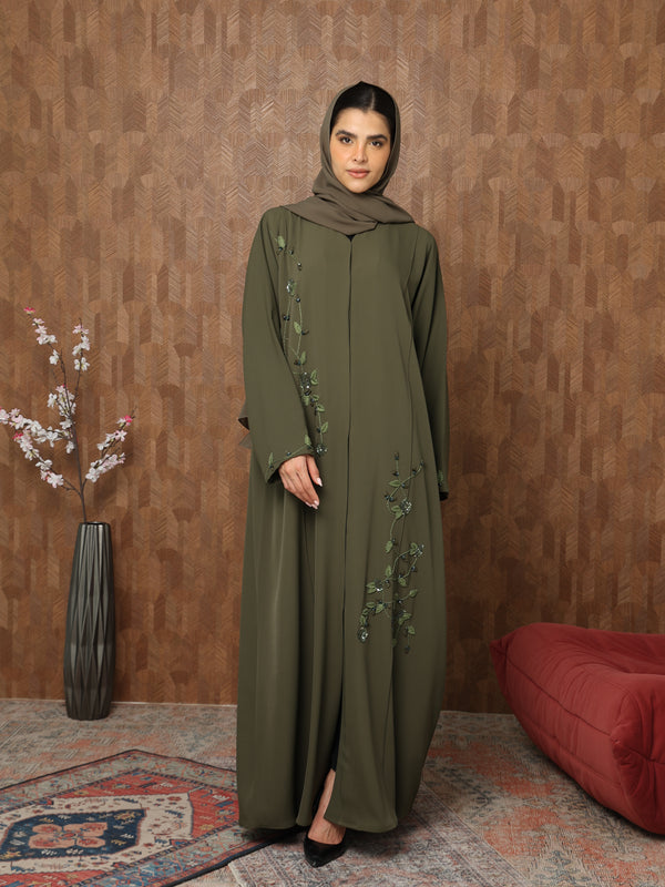 Heritage Threads Abaya - Olive Green Botanical Embroidered Abaya | Klosh Cut with Beaded Vine Detail