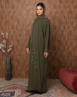 Heritage Threads Abaya - Olive Green Botanical Embroidered Abaya | Klosh Cut with Beaded Vine Detail