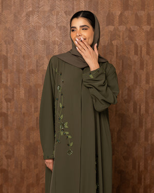 Heritage Threads Abaya - Olive Green Botanical Embroidered Abaya | Klosh Cut with Beaded Vine Detail