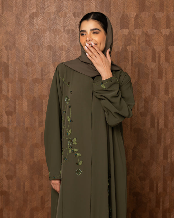 Heritage Threads Abaya - Olive Green Botanical Embroidered Abaya | Klosh Cut with Beaded Vine Detail