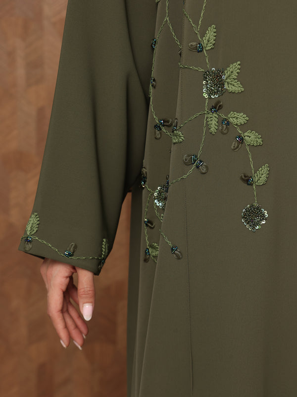 Heritage Threads Abaya - Olive Green Botanical Embroidered Abaya | Klosh Cut with Beaded Vine Detail
