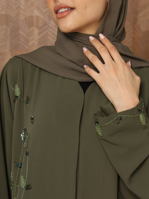 Heritage Threads Abaya - Olive Green Botanical Embroidered Abaya | Klosh Cut with Beaded Vine Detail