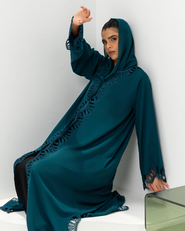Heritage Threads Abaya - Emerald Teal Open-Work Lace Trimmed Abaya | Elegant Klosh Cut with Statement Cuffs
