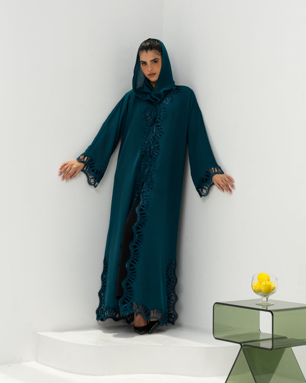 Heritage Threads Abaya - Emerald Teal Open-Work Lace Trimmed Abaya | Elegant Klosh Cut with Statement Cuffs