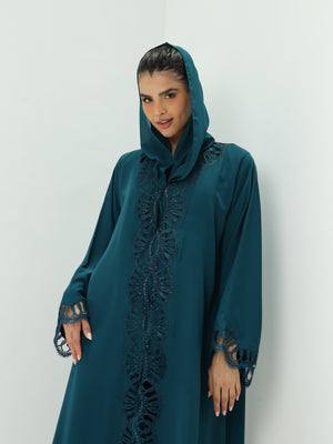 Heritage Threads Abaya - Emerald Teal Open-Work Lace Trimmed Abaya | Elegant Klosh Cut with Statement Cuffs