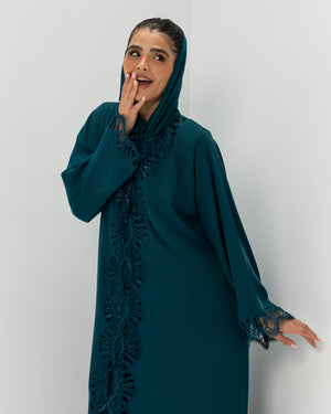 Heritage Threads Abaya - Emerald Teal Open-Work Lace Trimmed Abaya | Elegant Klosh Cut with Statement Cuffs
