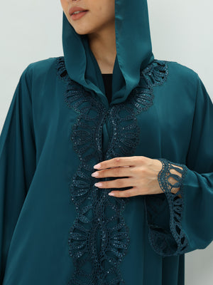 Heritage Threads Abaya - Emerald Teal Open-Work Lace Trimmed Abaya | Elegant Klosh Cut with Statement Cuffs