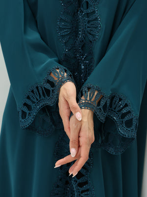 Heritage Threads Abaya - Emerald Teal Open-Work Lace Trimmed Abaya | Elegant Klosh Cut with Statement Cuffs