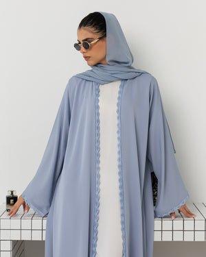 Heritage Threads Abaya - Powder Blue Floral Lace Border Abaya | Klosh Silhouette