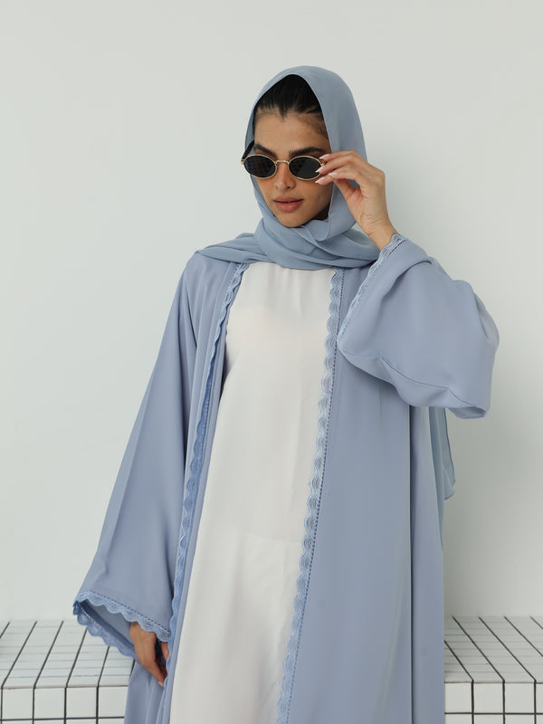 Heritage Threads Abaya - Powder Blue Floral Lace Border Abaya | Klosh Silhouette