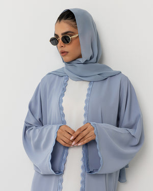 Heritage Threads Abaya - Powder Blue Floral Lace Border Abaya | Klosh Silhouette