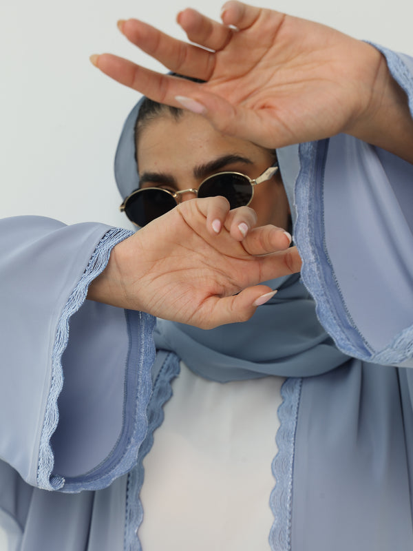Heritage Threads Abaya - Powder Blue Floral Lace Border Abaya | Klosh Silhouette