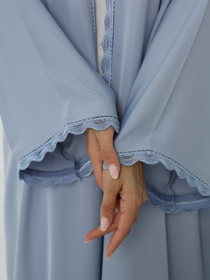 Heritage Threads Abaya - Powder Blue Floral Lace Border Abaya | Klosh Silhouette