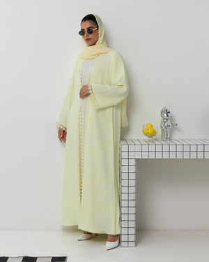 Heritage Threads Abaya - Pastel Yellow Geometric Crochet Lace Abaya | Klosh Cut
