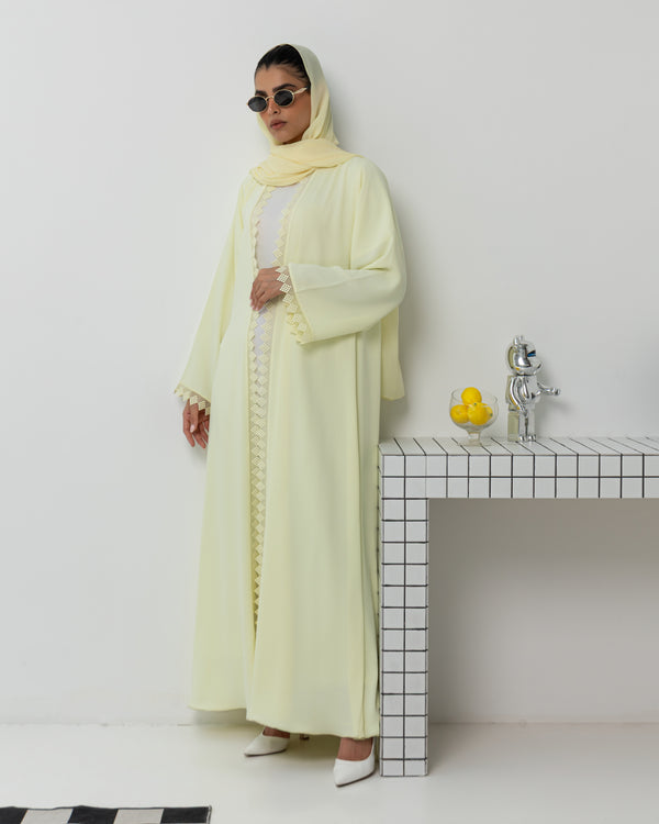 Heritage Threads Abaya - Pastel Yellow Geometric Crochet Lace Abaya | Klosh Cut