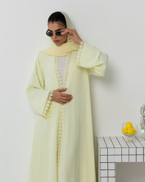 Heritage Threads Abaya - Pastel Yellow Geometric Crochet Lace Abaya | Klosh Cut