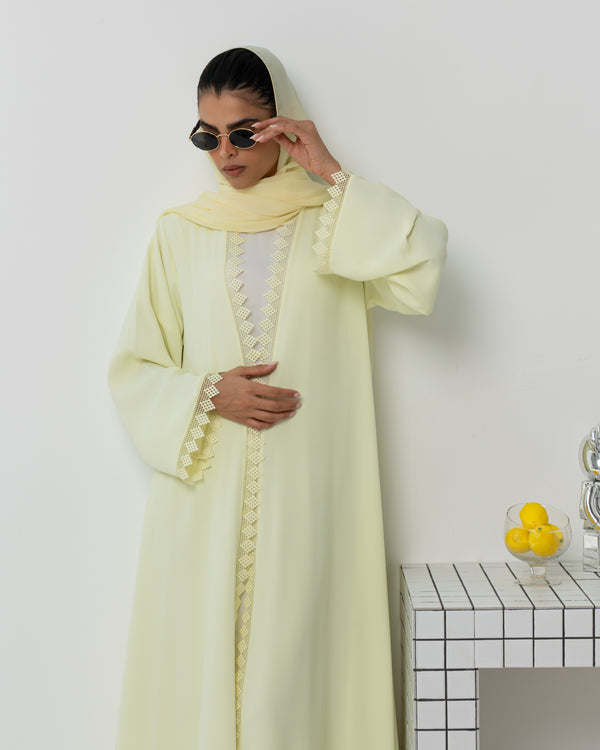 Heritage Threads Abaya - Pastel Yellow Geometric Crochet Lace Abaya | Klosh Cut