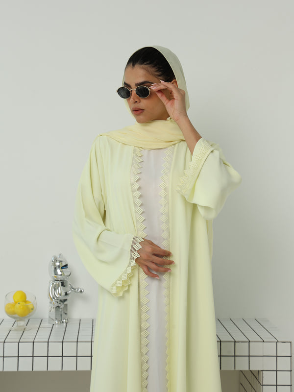 Heritage Threads Abaya - Pastel Yellow Geometric Crochet Lace Abaya | Klosh Cut
