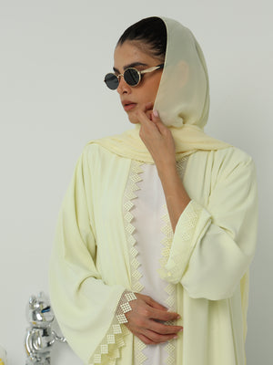 Heritage Threads Abaya - Pastel Yellow Geometric Crochet Lace Abaya | Klosh Cut