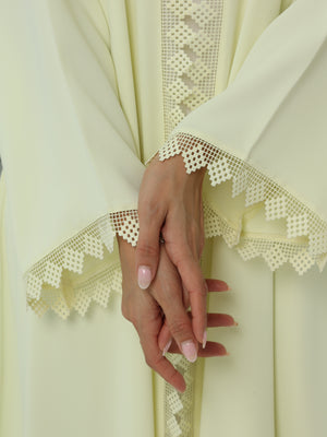 Heritage Threads Abaya - Pastel Yellow Geometric Crochet Lace Abaya | Klosh Cut