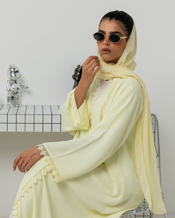 Heritage Threads Abaya - Pastel Yellow Geometric Crochet Lace Abaya | Klosh Cut
