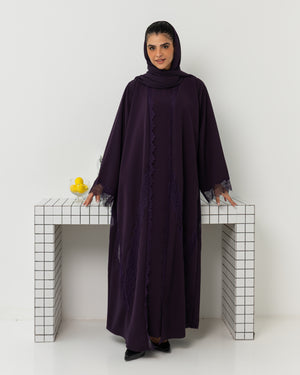 Heritage Threads Abaya - Rich Eggplant Purple Floral Lace Border Abaya | Klosh Silhouette