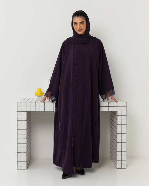 Heritage Threads Abaya - Rich Eggplant Purple Floral Lace Border Abaya | Klosh Silhouette