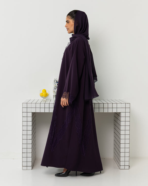 Heritage Threads Abaya - Rich Eggplant Purple Floral Lace Border Abaya | Klosh Silhouette