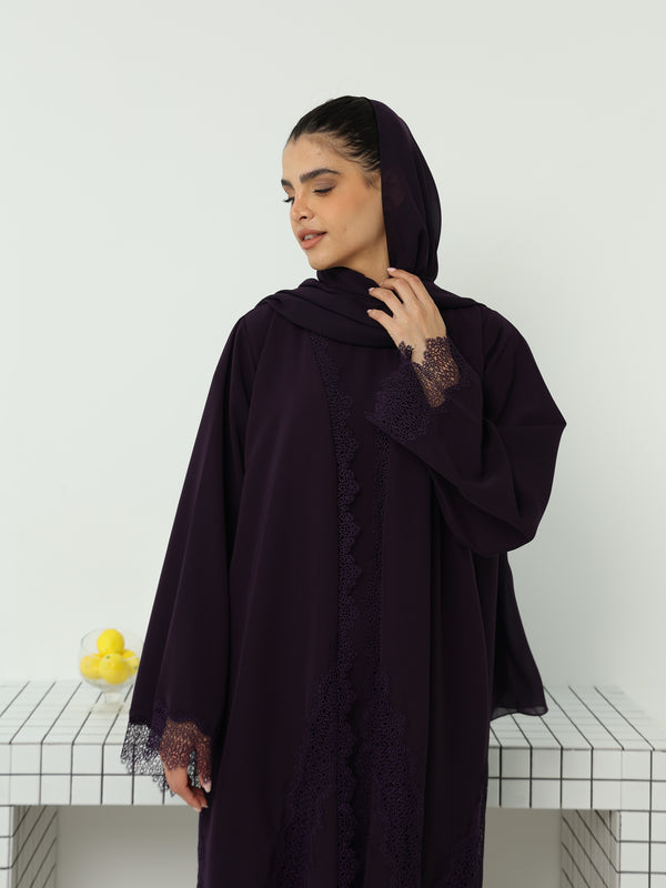 Heritage Threads Abaya - Rich Eggplant Purple Floral Lace Border Abaya | Klosh Silhouette