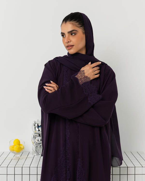 Heritage Threads Abaya - Rich Eggplant Purple Floral Lace Border Abaya | Klosh Silhouette