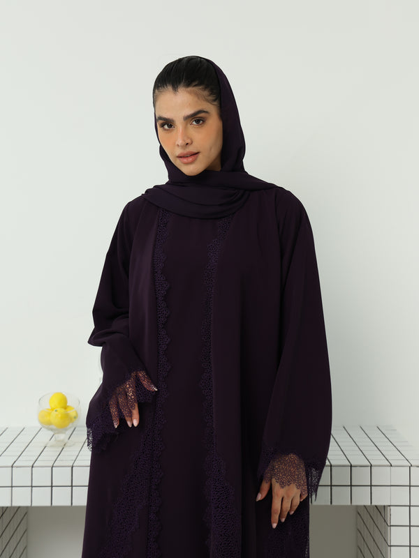 Heritage Threads Abaya - Rich Eggplant Purple Floral Lace Border Abaya | Klosh Silhouette