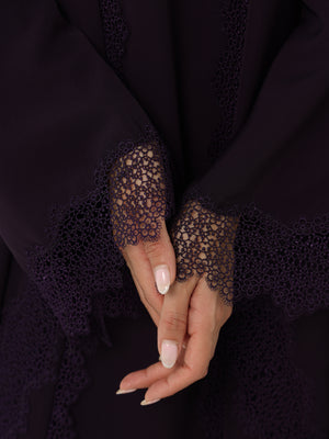 Heritage Threads Abaya - Rich Eggplant Purple Floral Lace Border Abaya | Klosh Silhouette