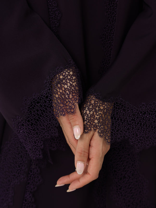 Heritage Threads Abaya - Rich Eggplant Purple Floral Lace Border Abaya | Klosh Silhouette
