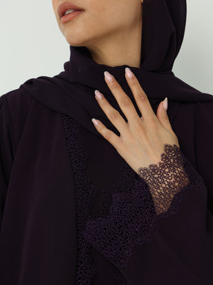 Heritage Threads Abaya - Rich Eggplant Purple Floral Lace Border Abaya | Klosh Silhouette