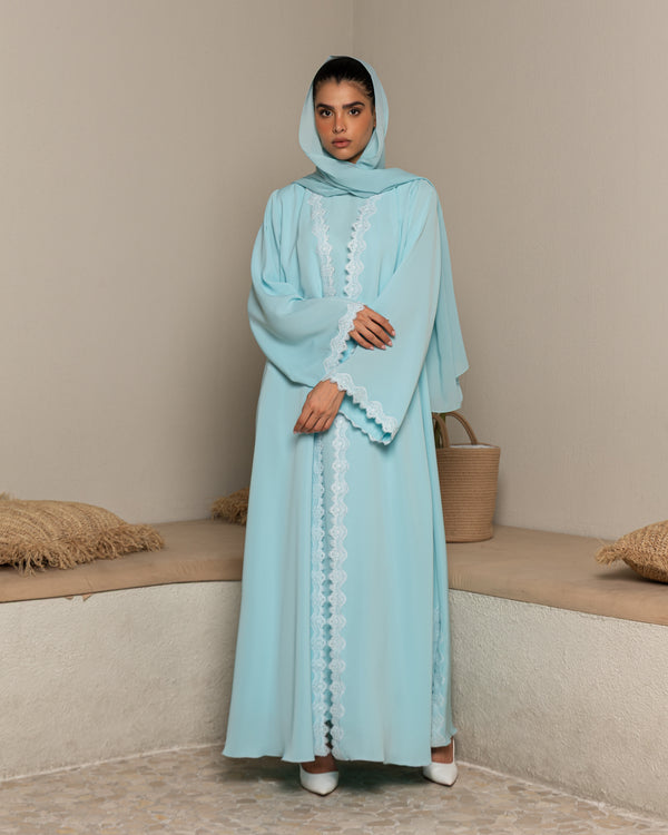 Heritage Threads Abaya - Sky Blue Delicate Scalloped Lace Abaya | Klosh Silhouette