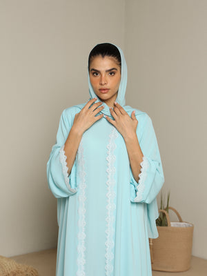Heritage Threads Abaya - Sky Blue Delicate Scalloped Lace Abaya | Klosh Silhouette
