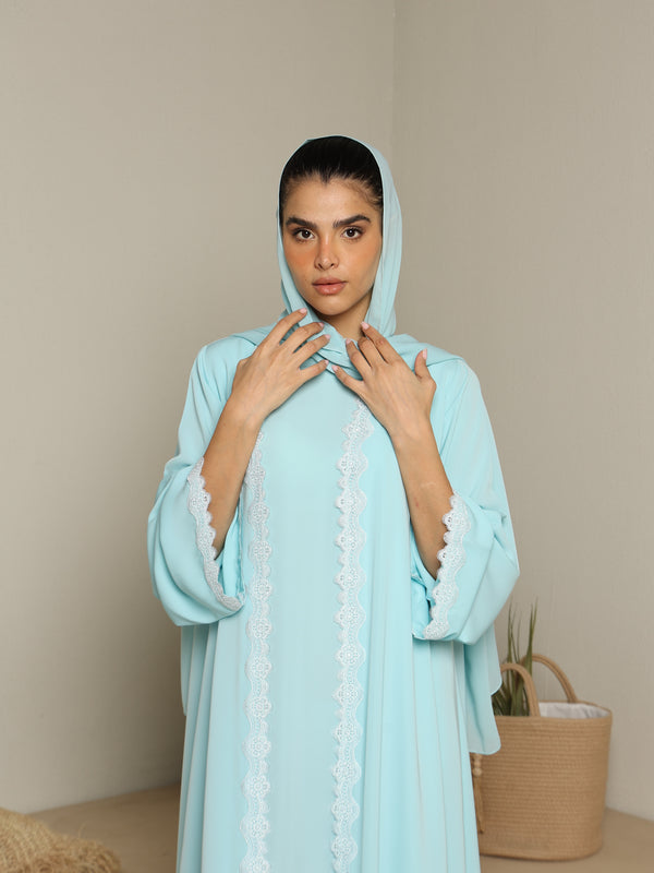 Heritage Threads Abaya - Sky Blue Delicate Scalloped Lace Abaya | Klosh Silhouette