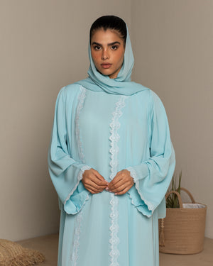 Heritage Threads Abaya - Sky Blue Delicate Scalloped Lace Abaya | Klosh Silhouette