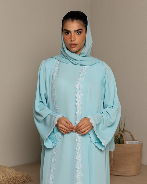 Heritage Threads Abaya - Sky Blue Delicate Scalloped Lace Abaya | Klosh Silhouette