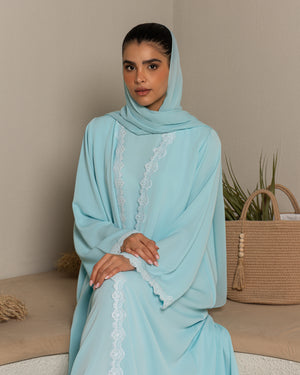 Heritage Threads Abaya - Sky Blue Delicate Scalloped Lace Abaya | Klosh Silhouette
