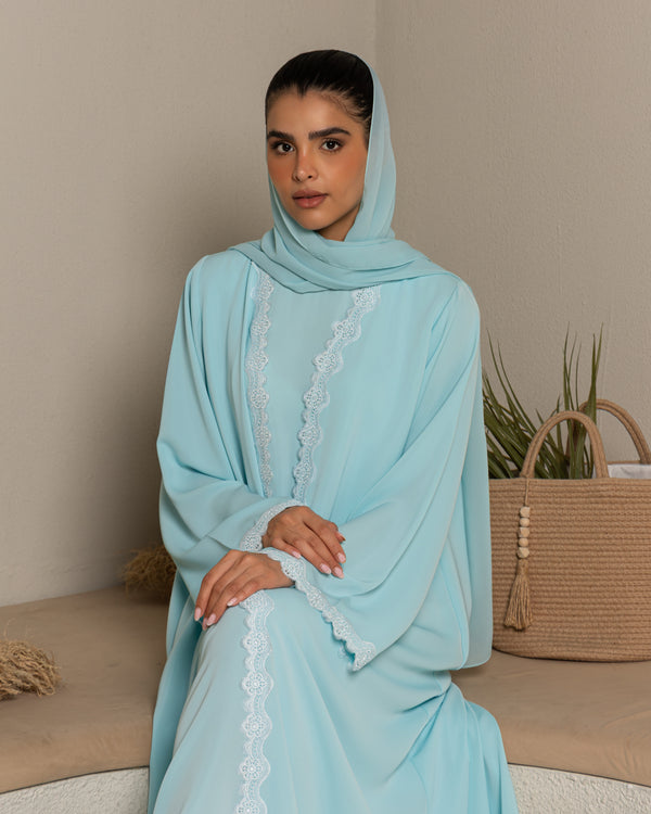 Heritage Threads Abaya - Sky Blue Delicate Scalloped Lace Abaya | Klosh Silhouette
