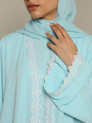 Heritage Threads Abaya - Sky Blue Delicate Scalloped Lace Abaya | Klosh Silhouette