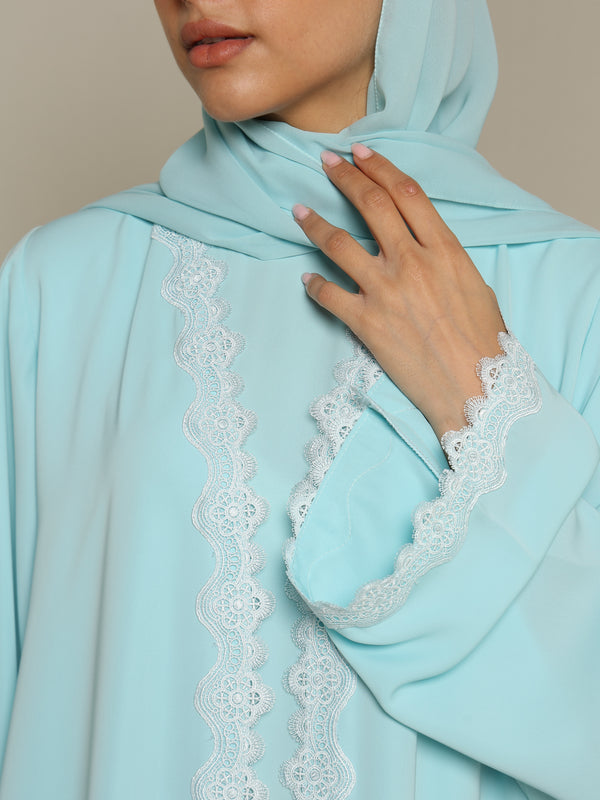 Heritage Threads Abaya - Sky Blue Delicate Scalloped Lace Abaya | Klosh Silhouette