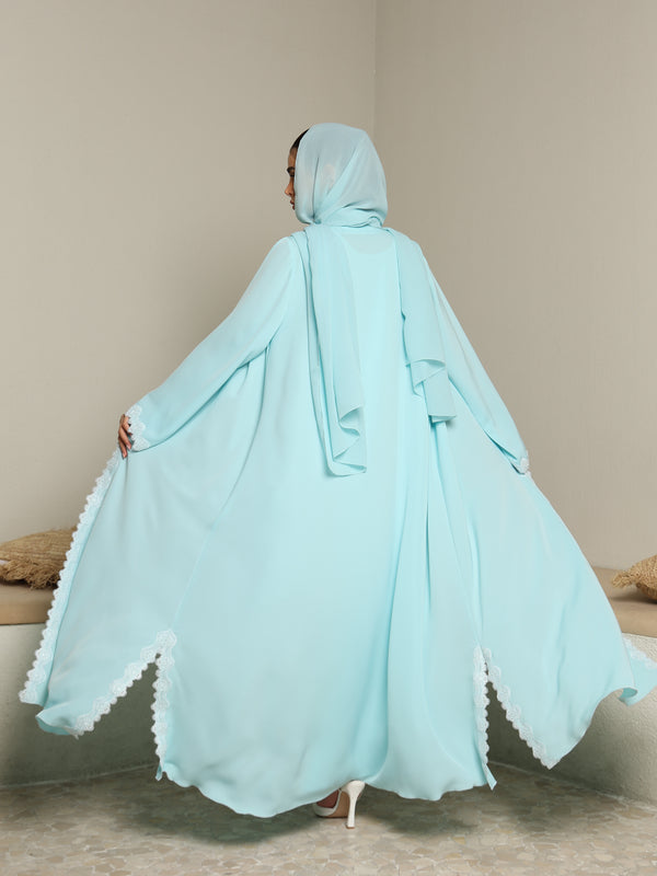 Heritage Threads Abaya - Sky Blue Delicate Scalloped Lace Abaya | Klosh Silhouette
