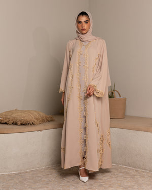 Heritage Threads Abaya - Nude Sand Intricate Lace Panel Abaya | Klosh Silhouette with Lace Cuffs