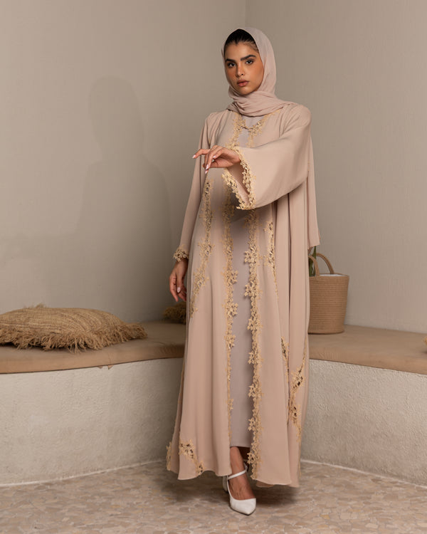 Heritage Threads Abaya - Nude Sand Intricate Lace Panel Abaya | Klosh Silhouette with Lace Cuffs
