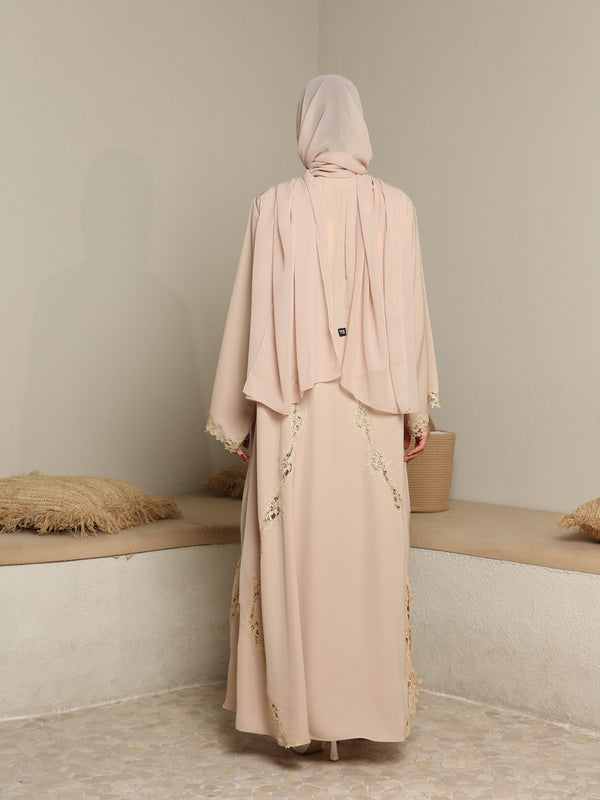 Heritage Threads Abaya - Nude Sand Intricate Lace Panel Abaya | Klosh Silhouette with Lace Cuffs