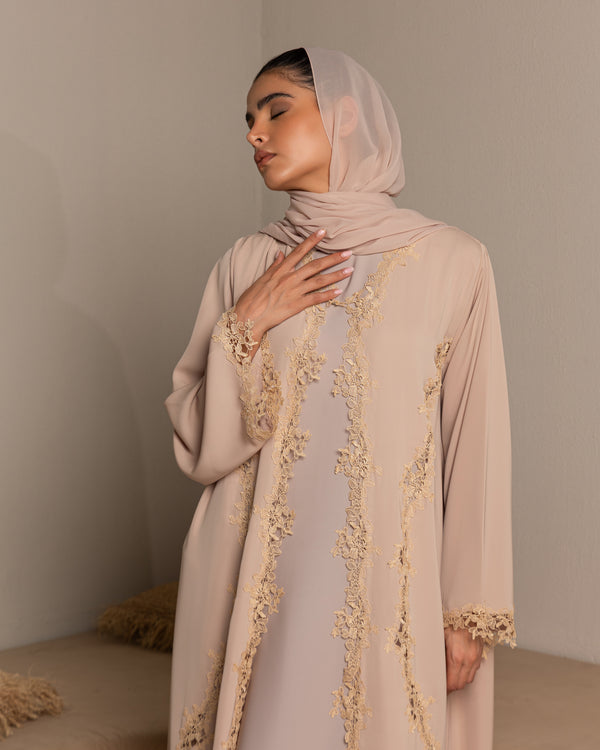 Heritage Threads Abaya - Nude Sand Intricate Lace Panel Abaya | Klosh Silhouette with Lace Cuffs