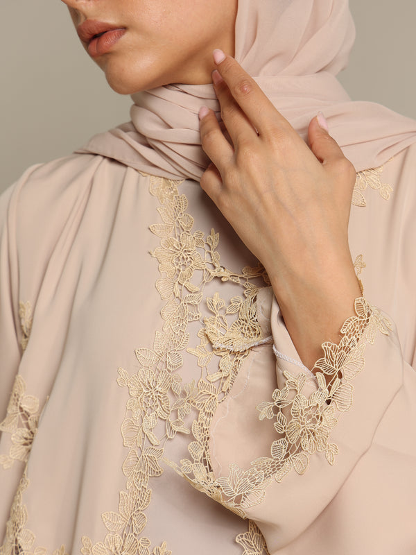 Heritage Threads Abaya - Nude Sand Intricate Lace Panel Abaya | Klosh Silhouette with Lace Cuffs