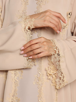 Heritage Threads Abaya - Nude Sand Intricate Lace Panel Abaya | Klosh Silhouette with Lace Cuffs